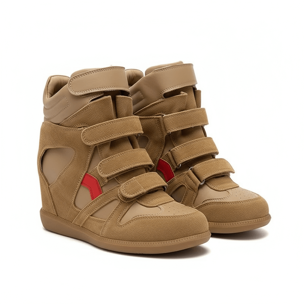 Kitty Suede Wedge Sneakers in tan with red accents and adjustable straps, stylish wedge sneakers for a fashionable look.