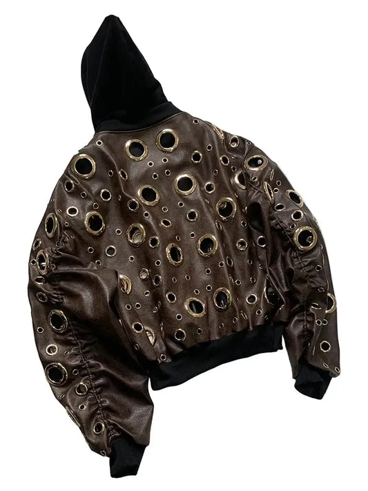 Heiden Embellished Bomber jacket featuring decorative eyelets and a hood, showcasing a stylish design.