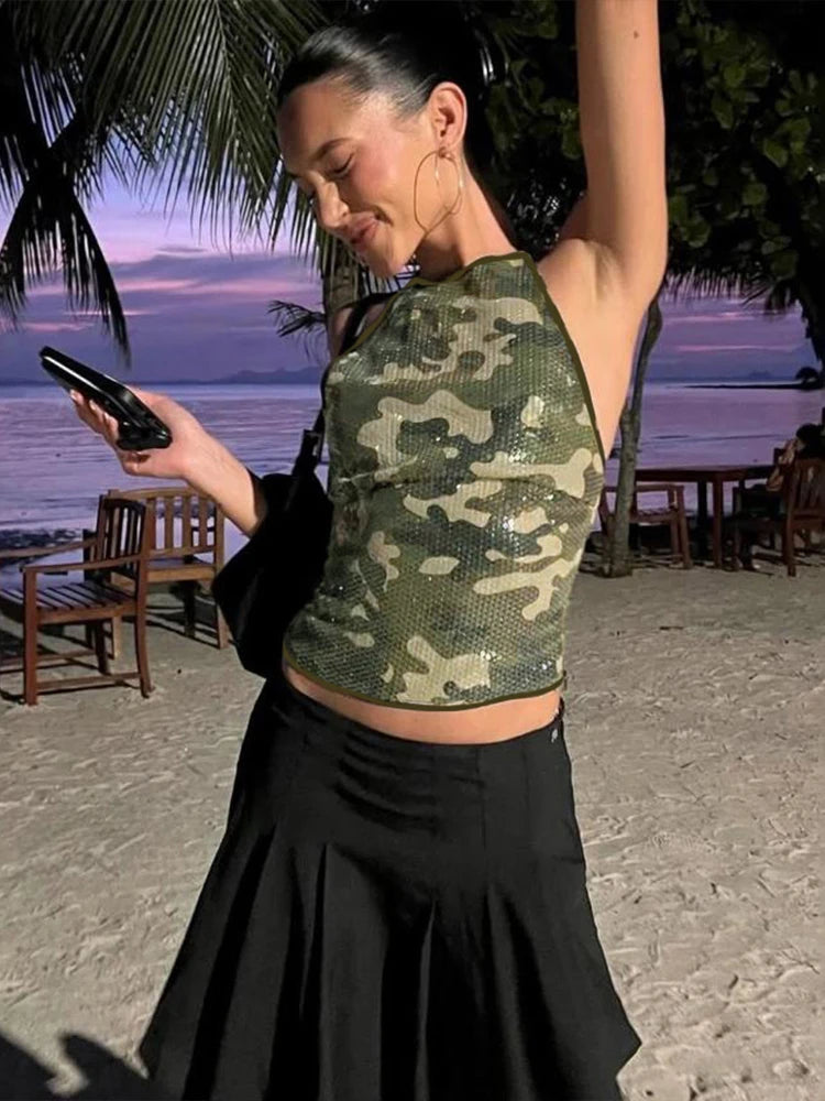 Camouflage Sequin Halter Top