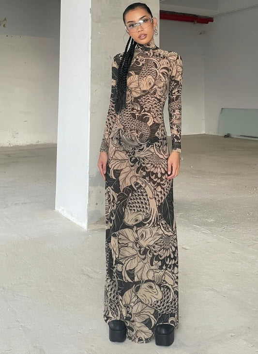 Tattoo Print Maxi Dress