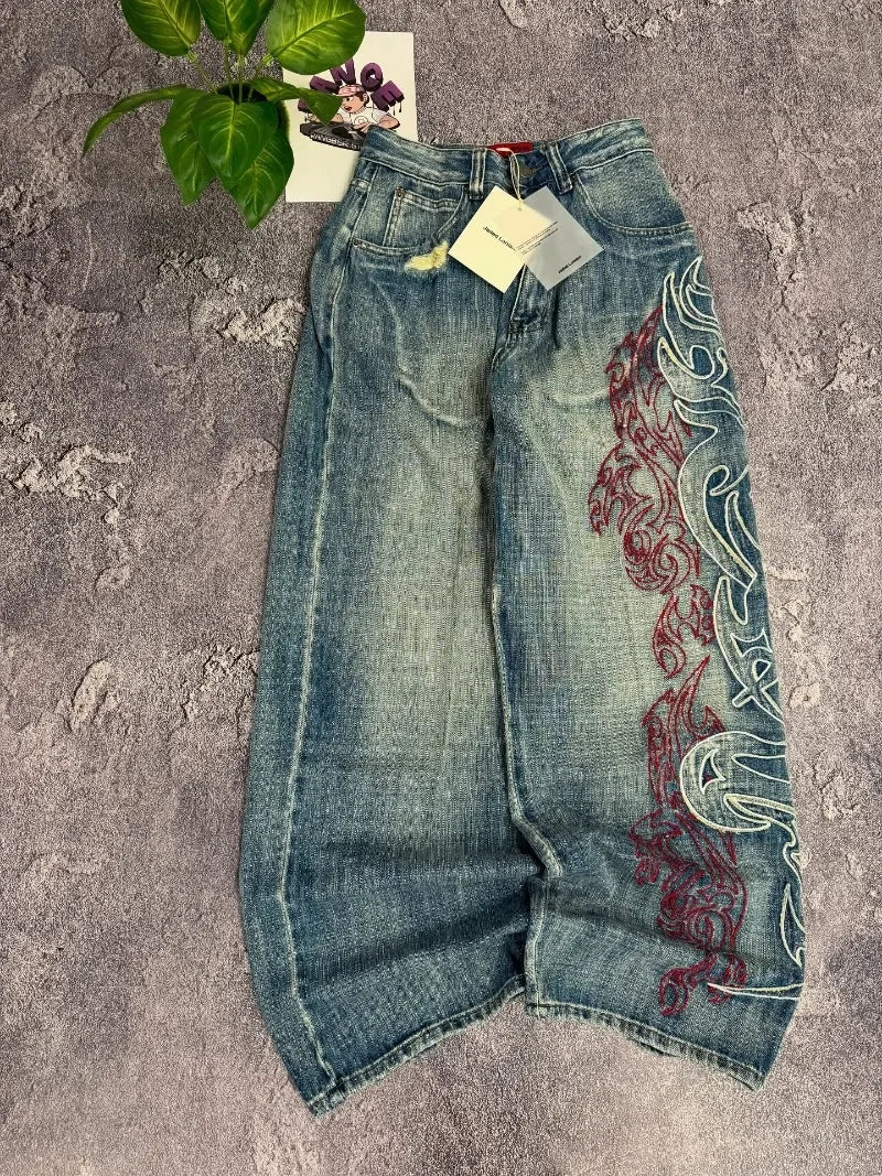Tattoo Embroidery Wide Denims