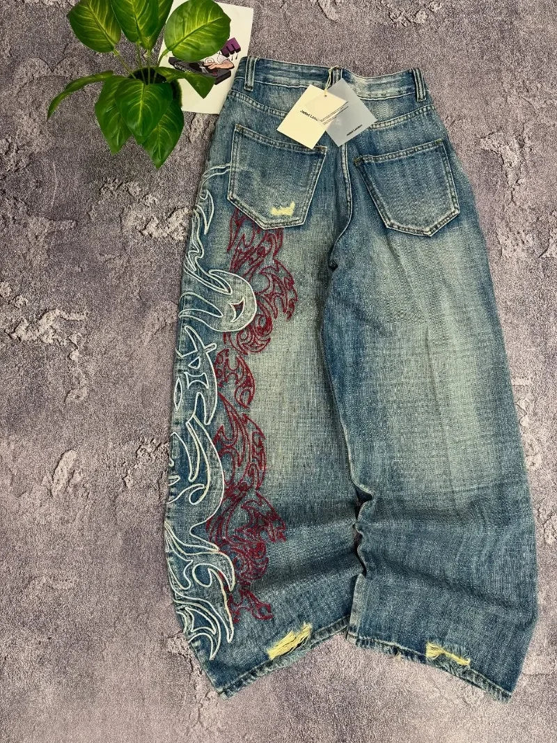Tattoo Embroidery Wide Denims