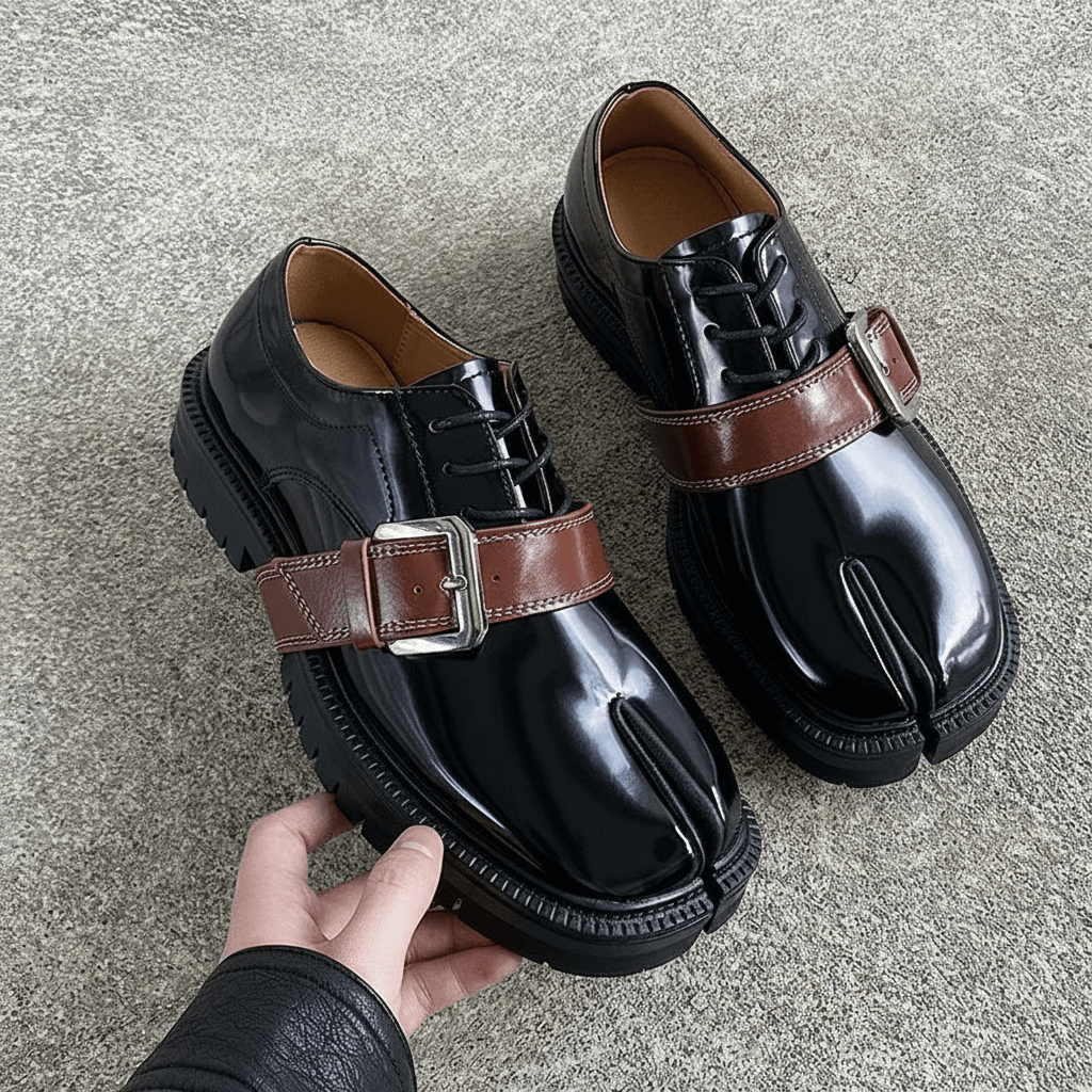Cross Buckle Leather Tabbi Loafers featuring a unique design, available at OKATA STUDIOS.