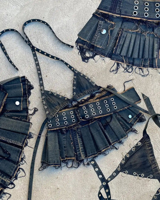 Sammy Distressed Denim Skirt Set