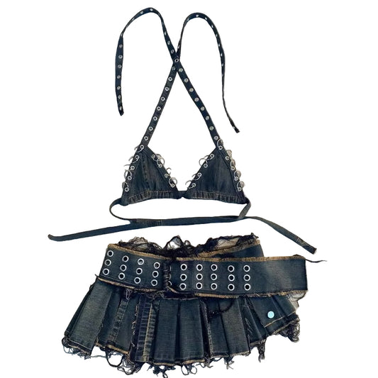 Sammy Distressed Denim Skirt Set