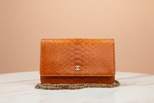 Chanel Orange Python Classic Single Flap Chainbag Gold Hardware