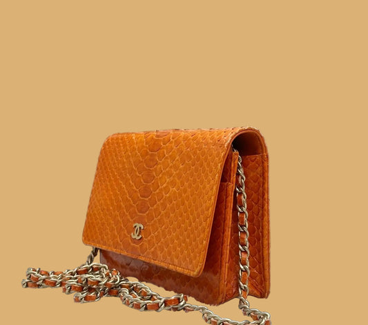 Chanel Orange Python Classic Single Flap Chainbag Gold Hardware
