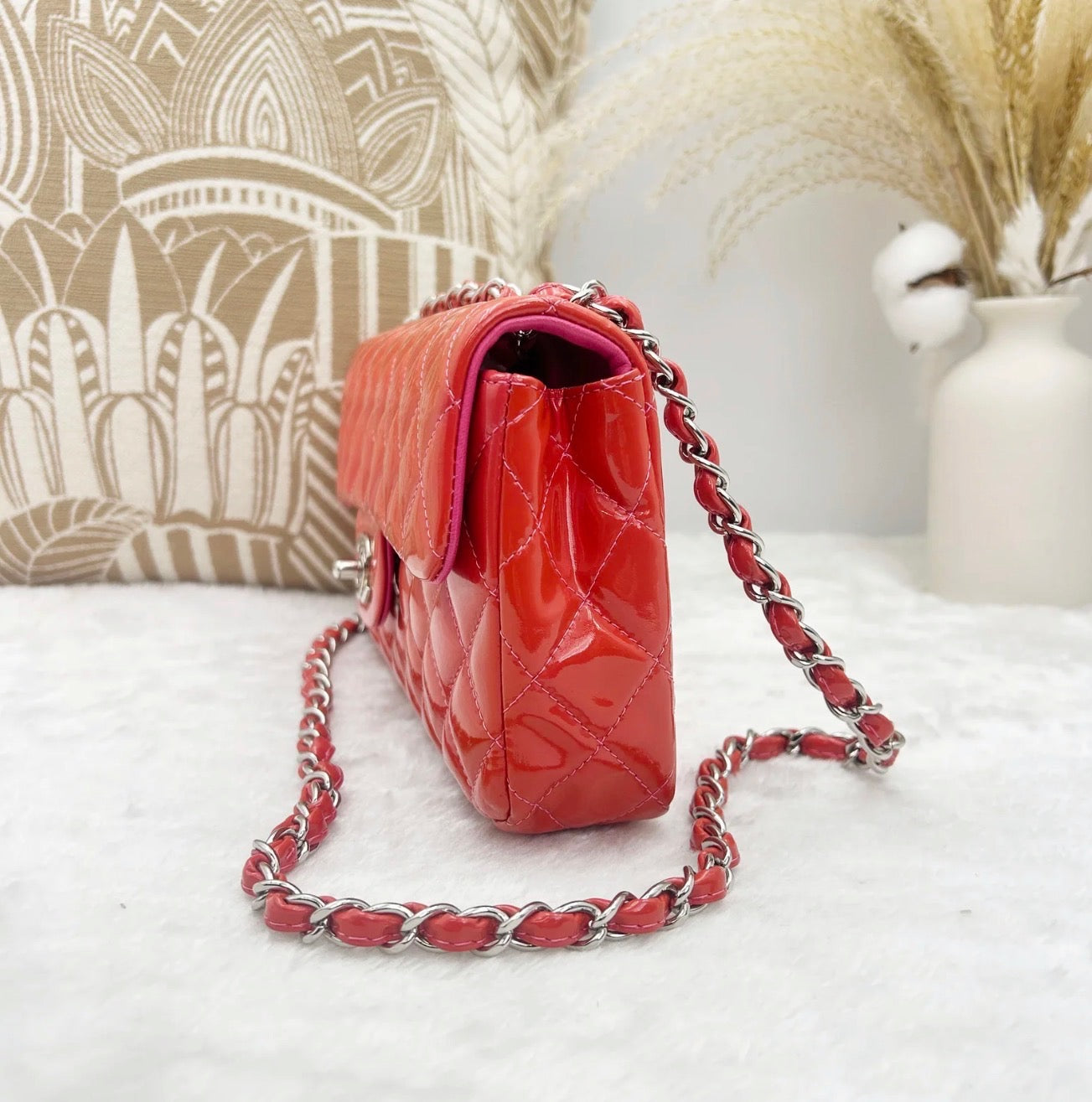 Chanel Classic Flap Red Patent Leather Silver Hardware