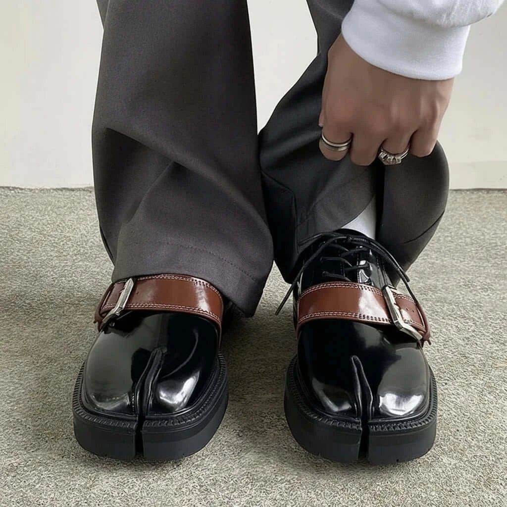 Cross Buckle Leather Tabbi Loafers with brown strap and stylish design, perfect for men's fashion.