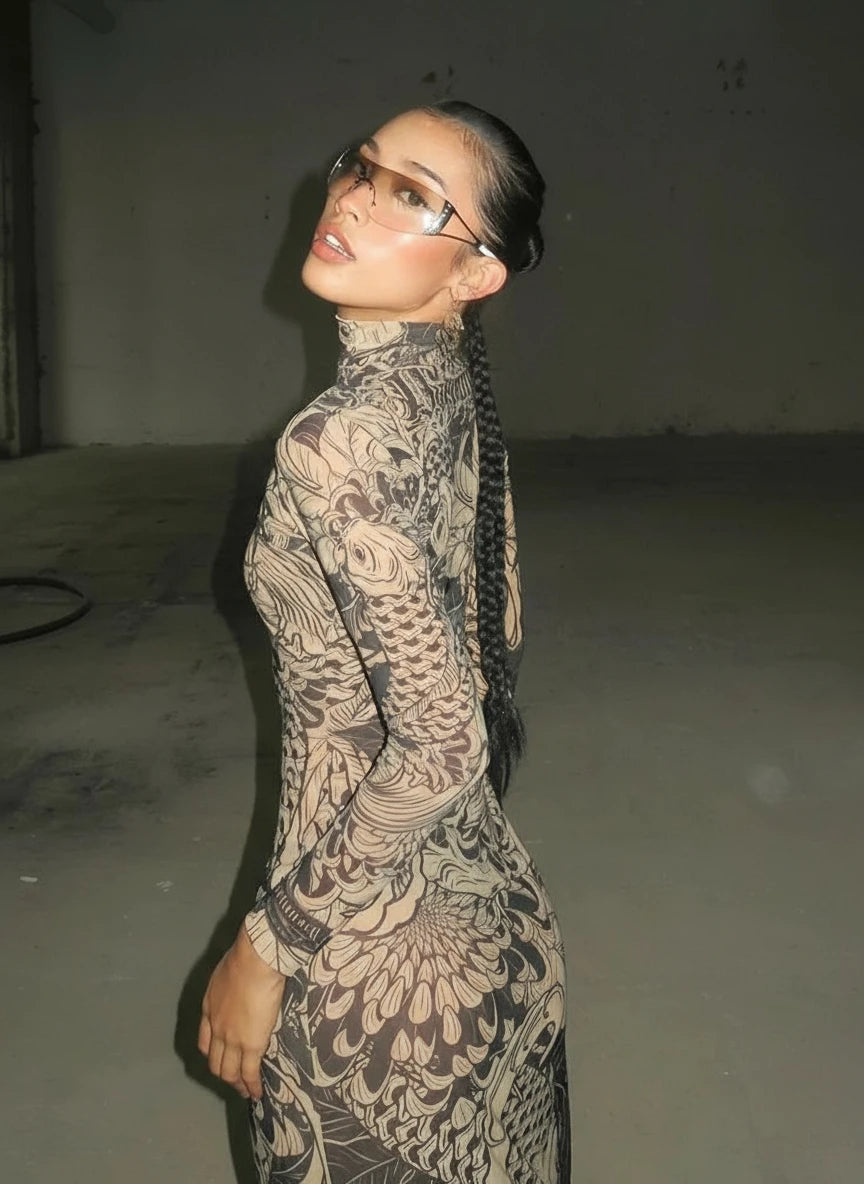 Tattoo Print Maxi Dress