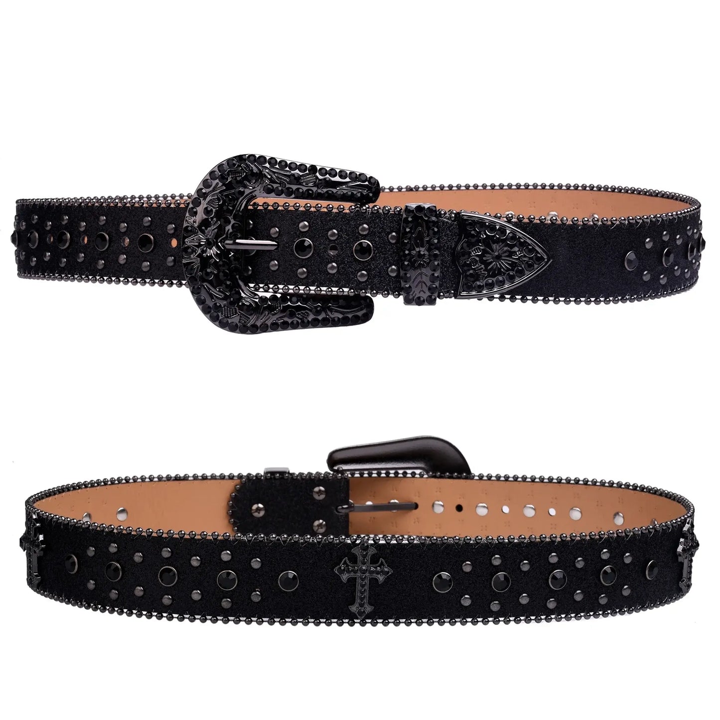 Ricky Black Bezel Belt made of vegan leather with stainless steel buckle, featuring embellished belt design and studs.