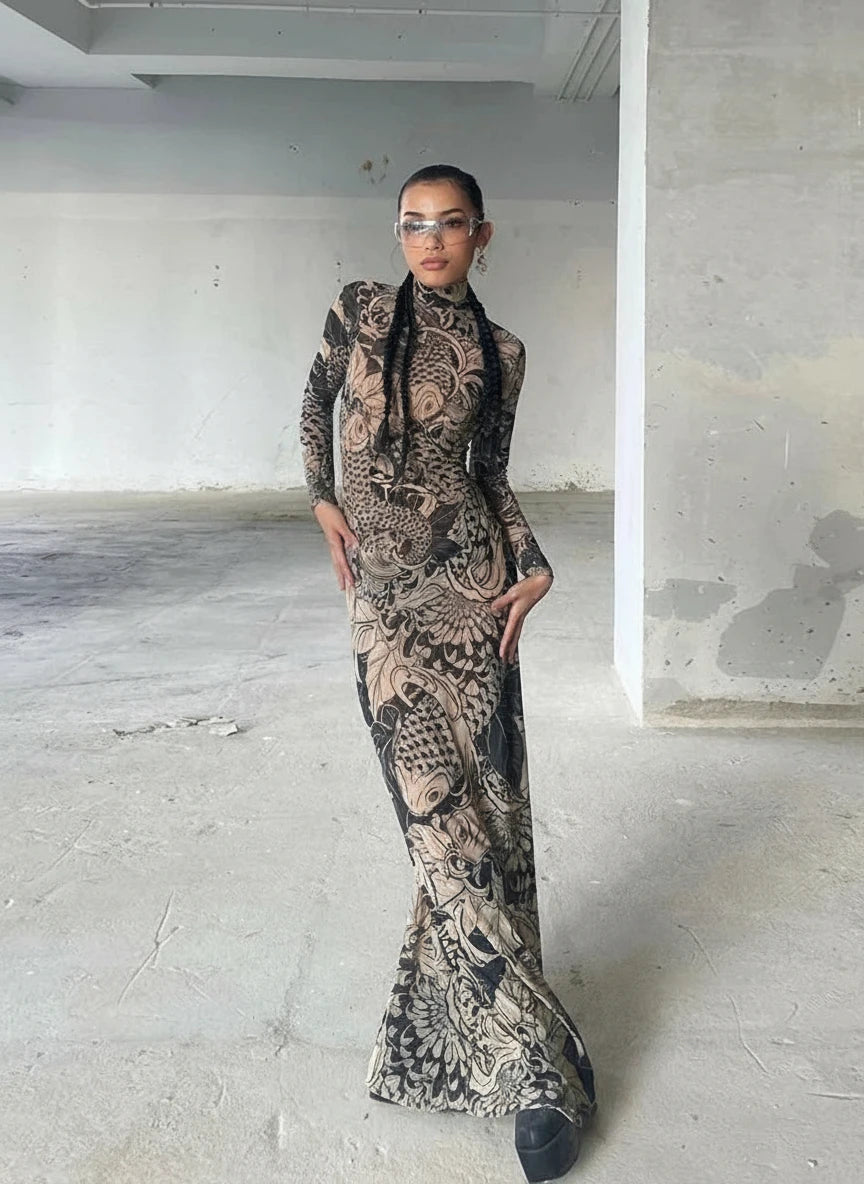 Tattoo Print Maxi Dress