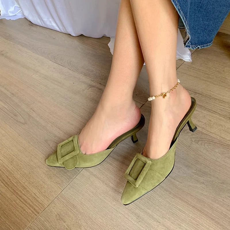 Suede Buckle Pointed Mules