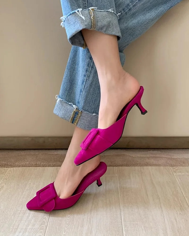Suede Buckle Pointed Mules