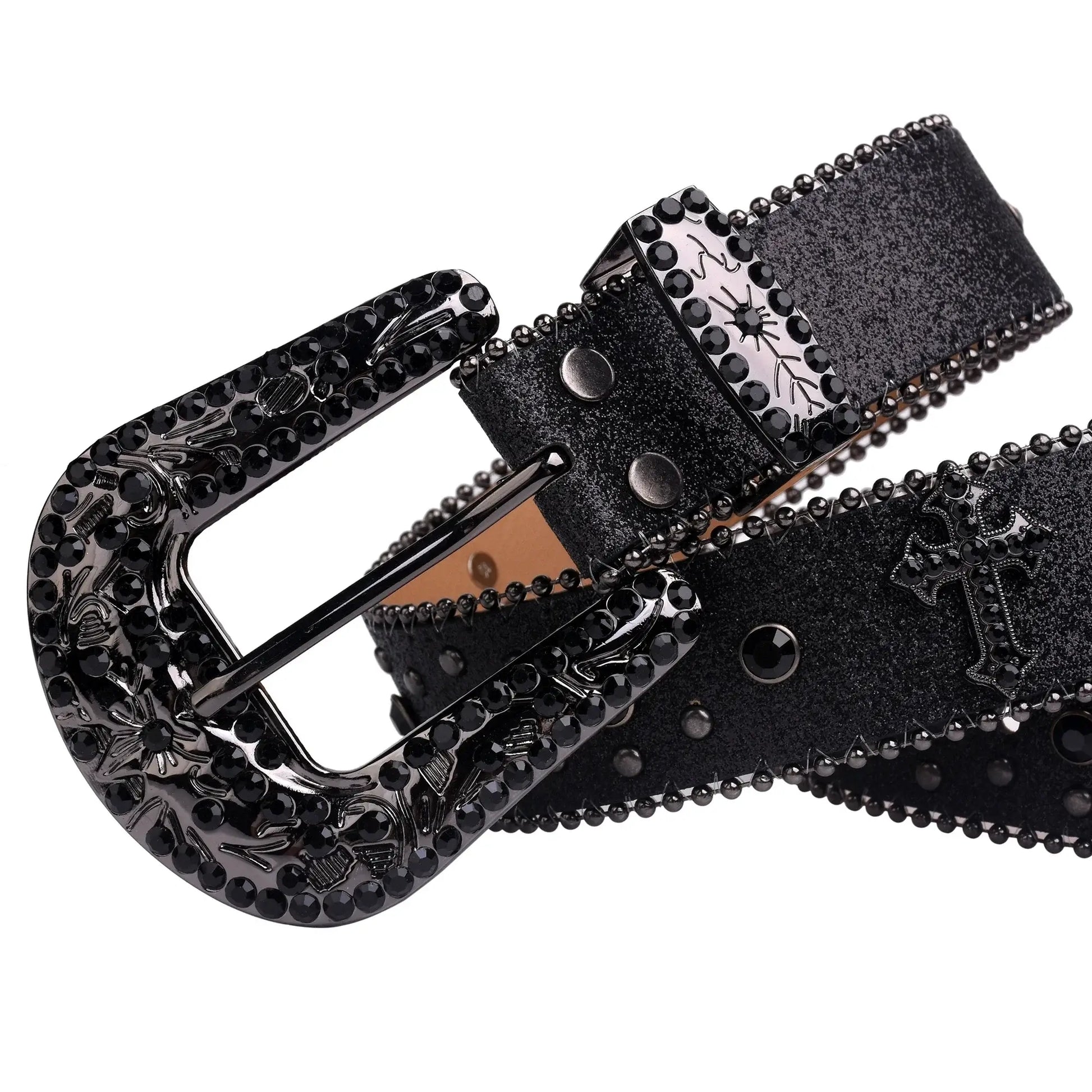 Ricky Black Bezel Belt made of vegan leather with stainless steel buckle, featuring embellished belt design and studded details.