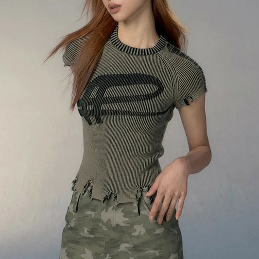 Patrice Distressed Ribbed Top