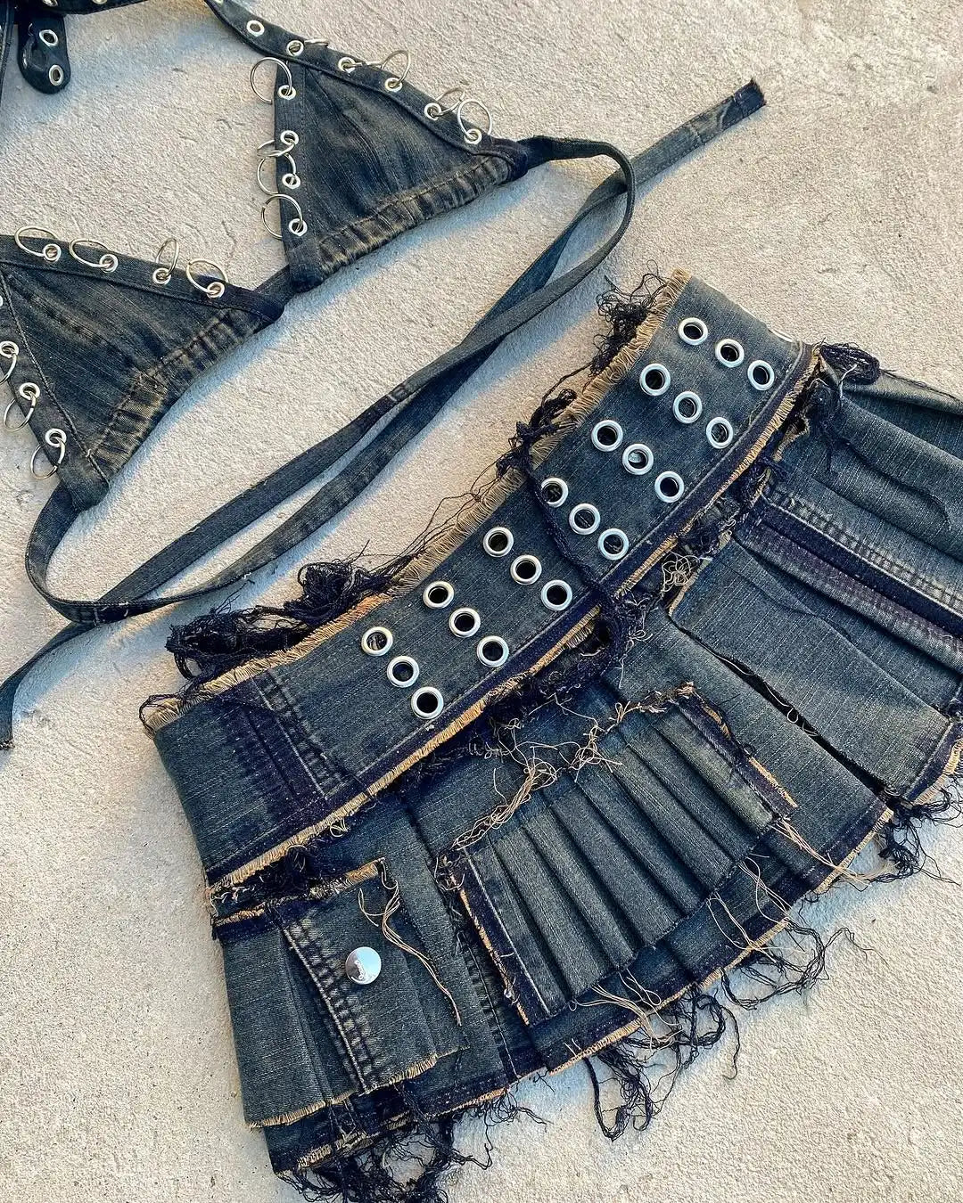 Sammy Distressed Denim Skirt Set