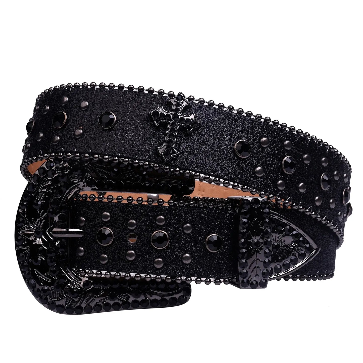 Ricky Black Bezel Belt featuring embellished belt design in vegan leather with stainless steel buckle and studded details.