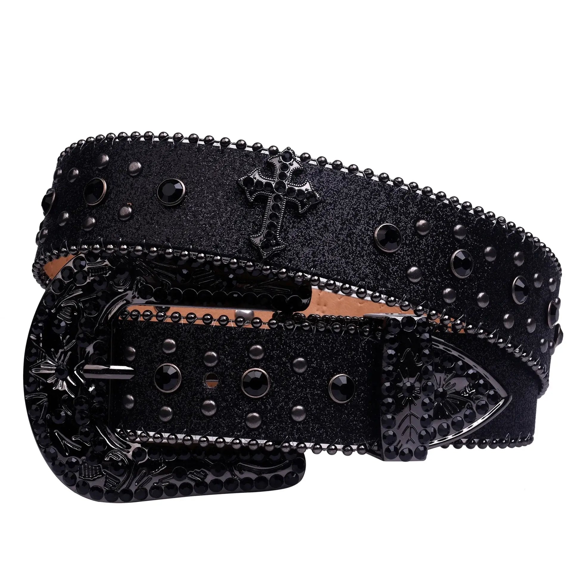Ricky Black Bezel Belt featuring embellished belt design in vegan leather with stainless steel buckle and studded details.