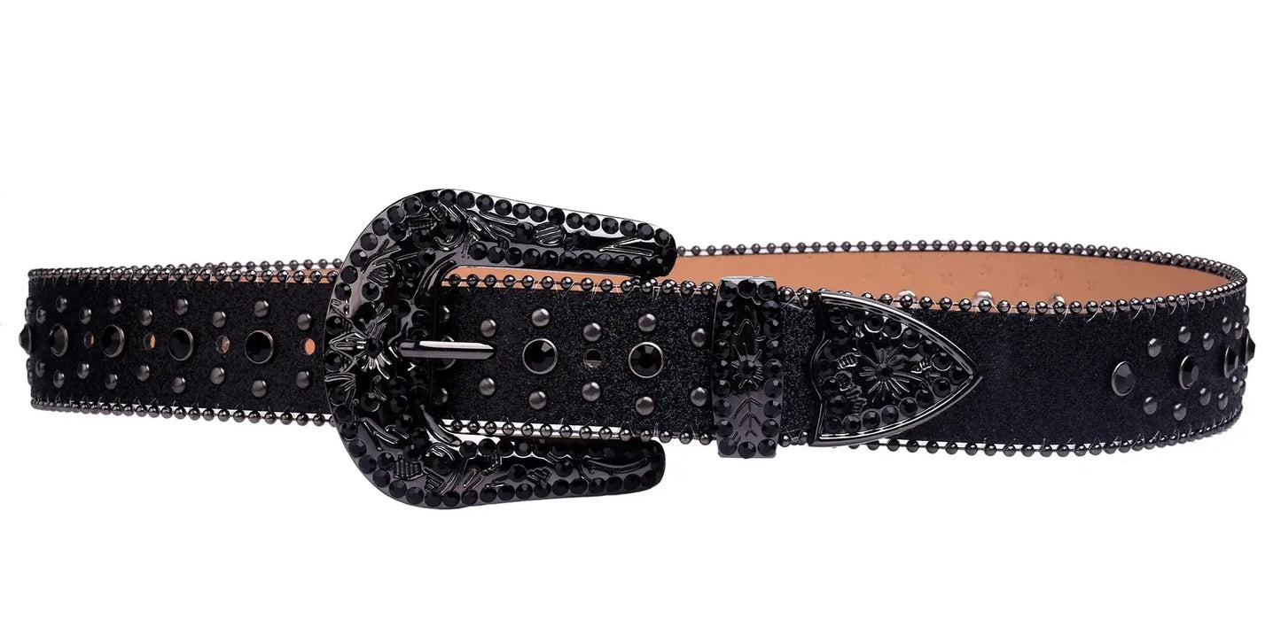 Ricky Black Bezel Belt, embellished belt made of vegan leather with stainless steel buckle, available in 105-135cm.