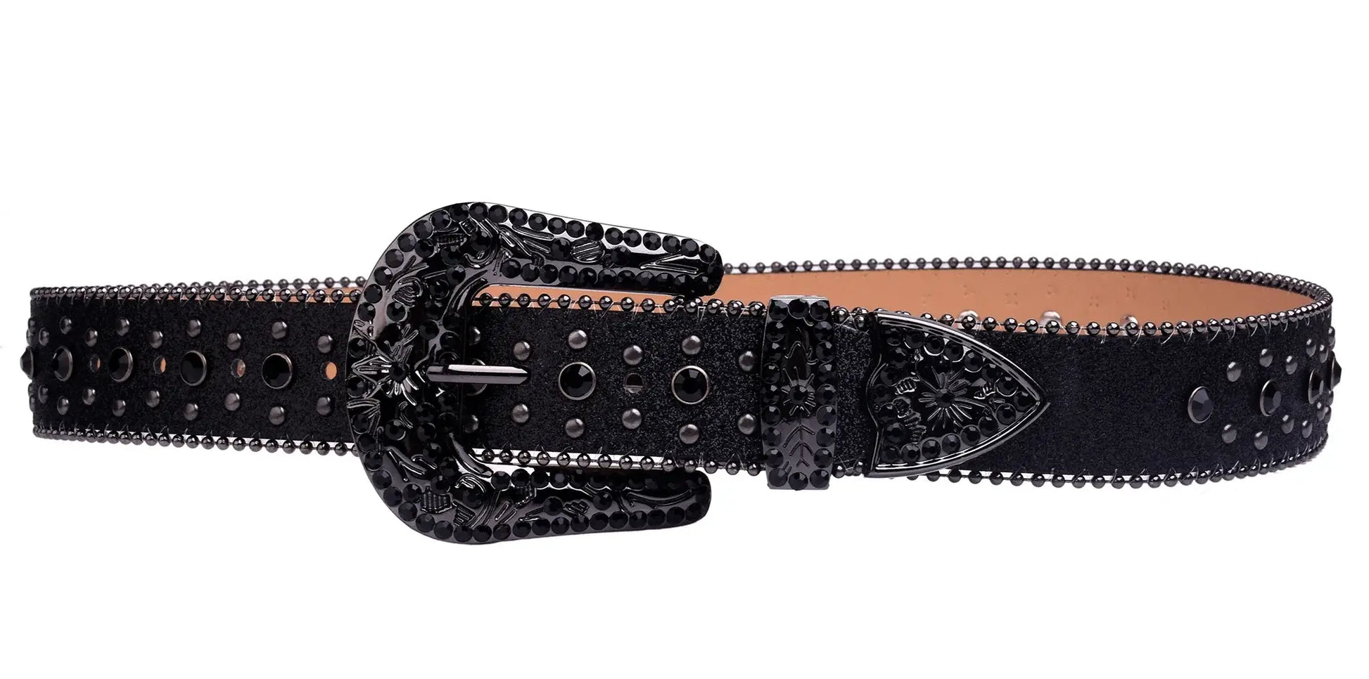 Ricky Black Bezel Belt, embellished belt made of vegan leather with stainless steel buckle, available in 105-135cm.