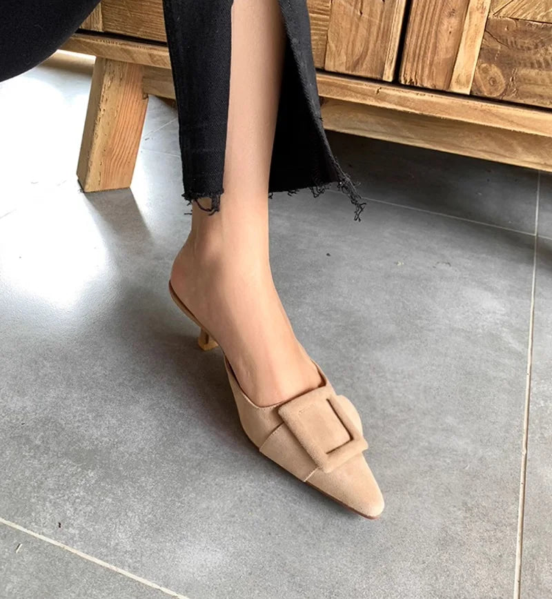 Suede Buckle Pointed Mules