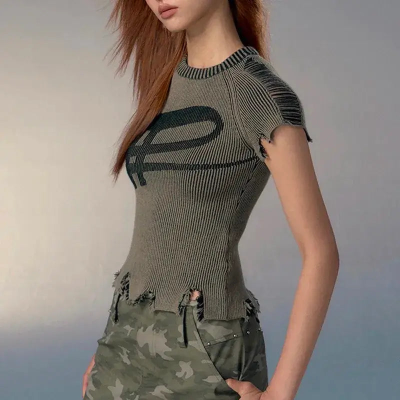Patrice Distressed Ribbed Crop Top