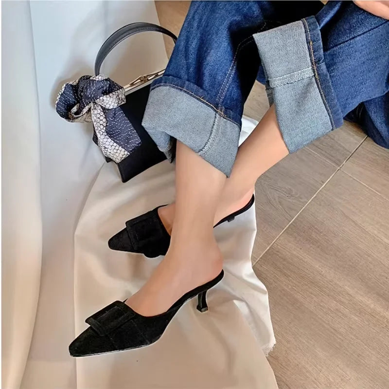 Suede Buckle Pointed Mules