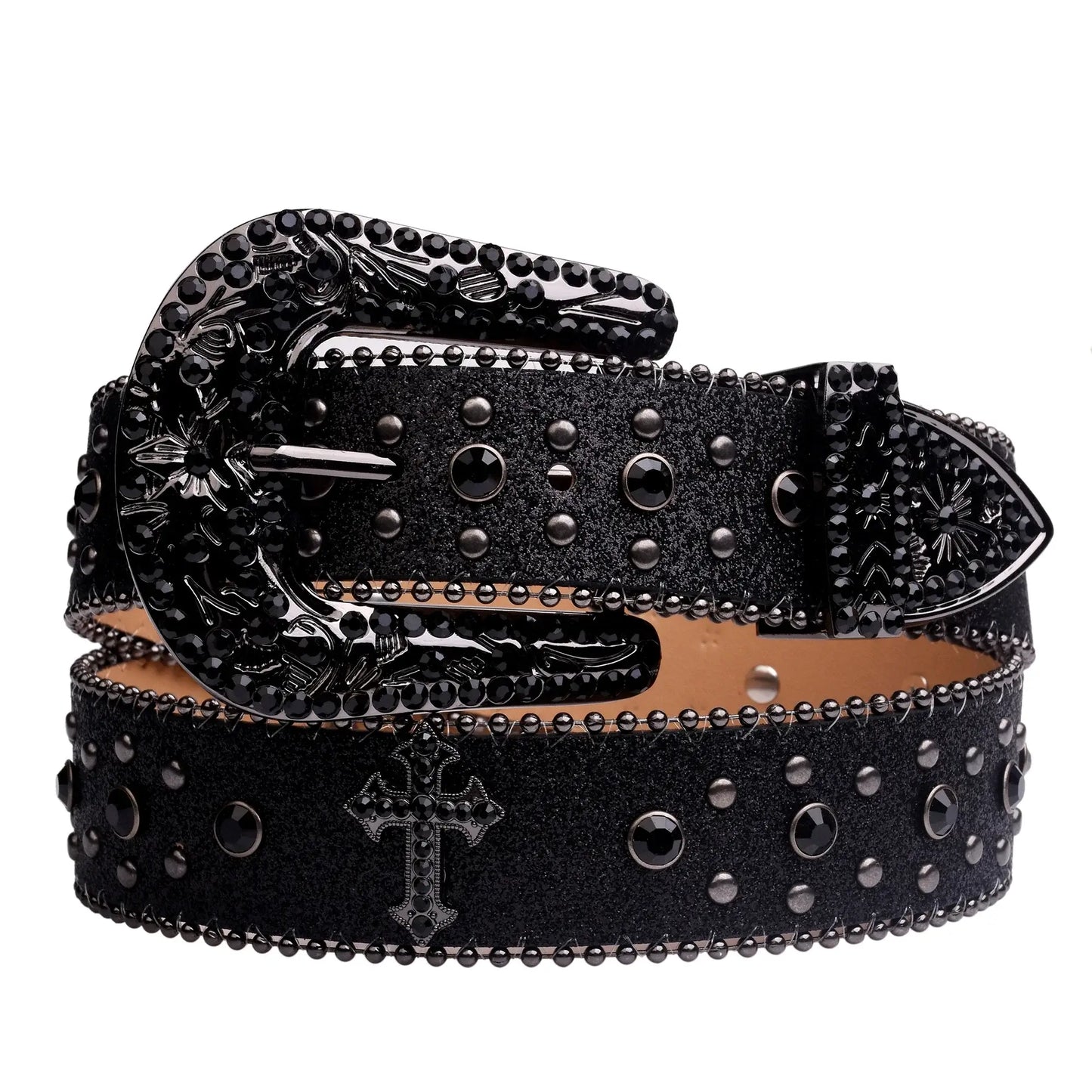 Ricky Black Bezel Belt made of vegan leather with stainless steel buckle; Embellished Belt with decorative studs.