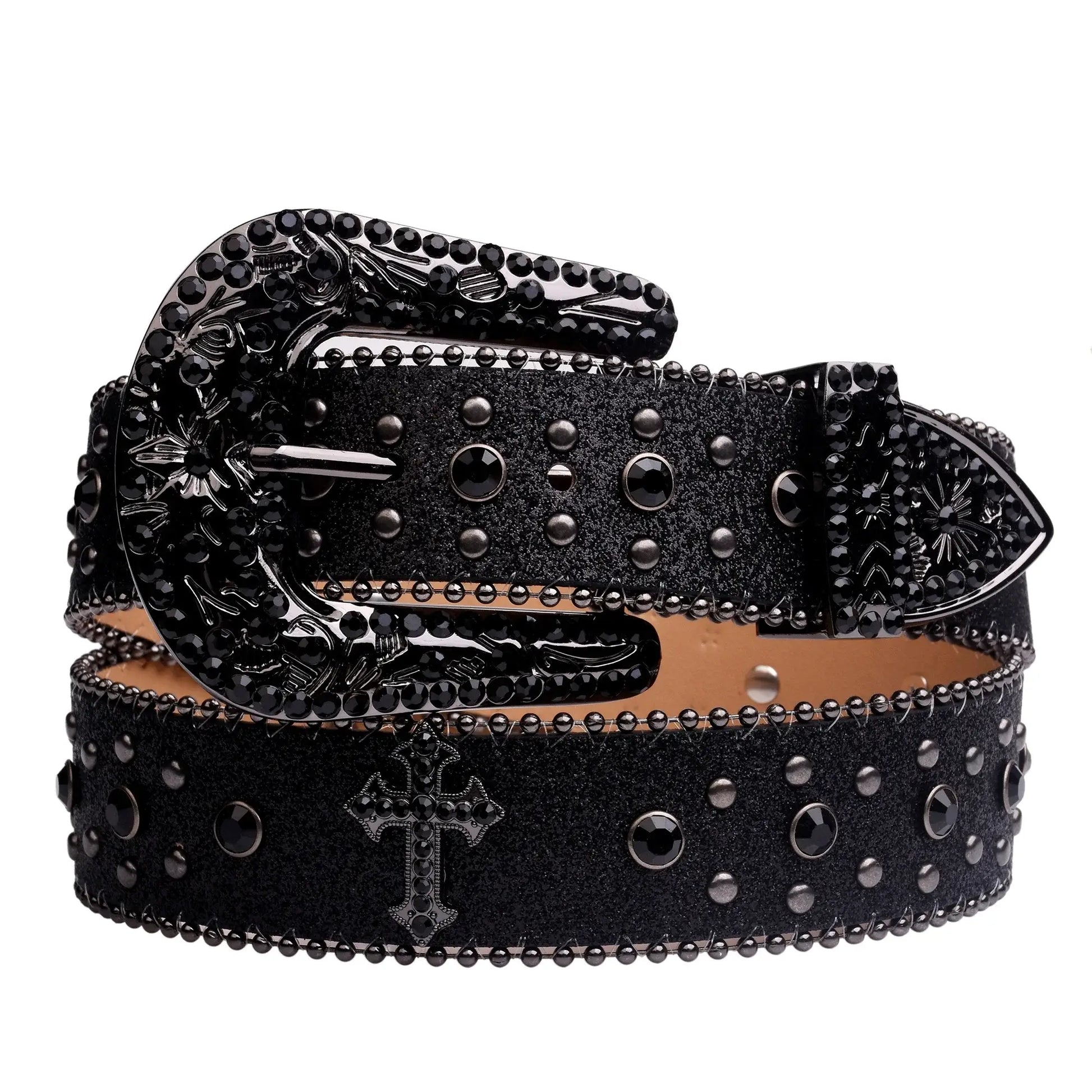 Ricky Black Bezel Belt made of vegan leather with stainless steel buckle; Embellished Belt with decorative studs.