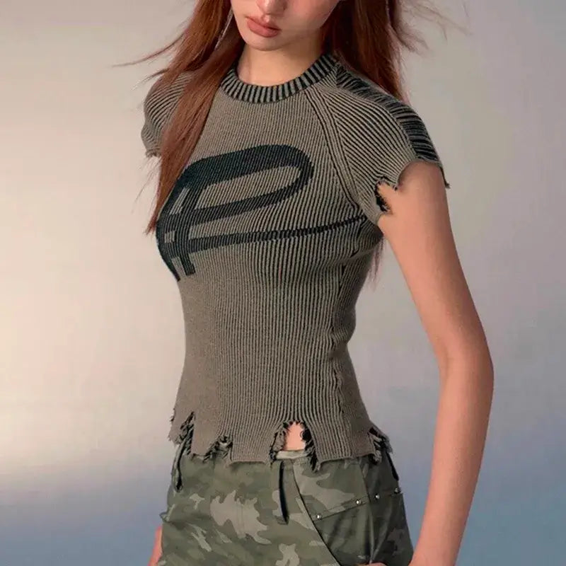Patrice Distressed Ribbed Crop Top