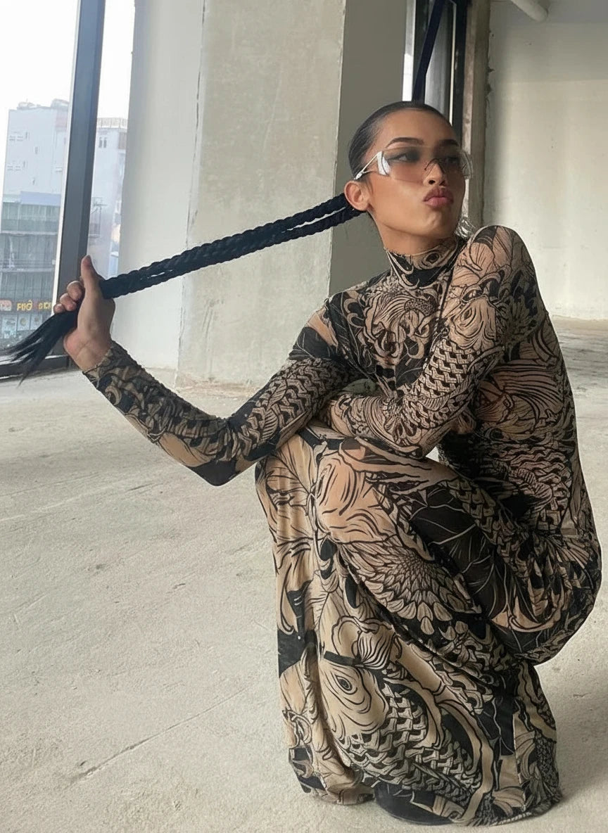 Tattoo Print Maxi Dress