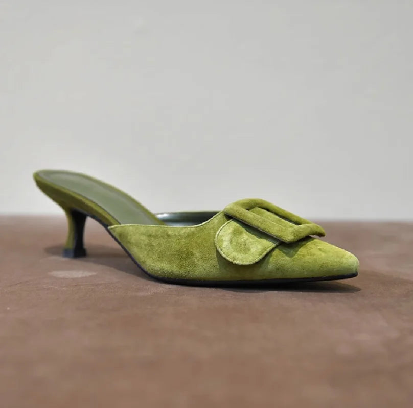 Suede Buckle Pointed Mules